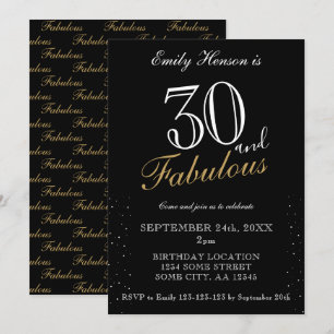 Convites 30 e Fabuloso Aniversário de Script Elegante Preto