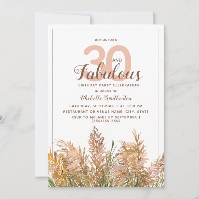 Convites 30 Fabuloso Capim-dos-Pampas em Aniversário Branco (Frente)