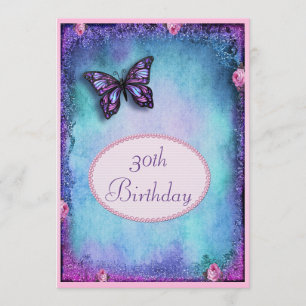 Convites 30 Faux Glitter, Butterfly, Rosas & Lace