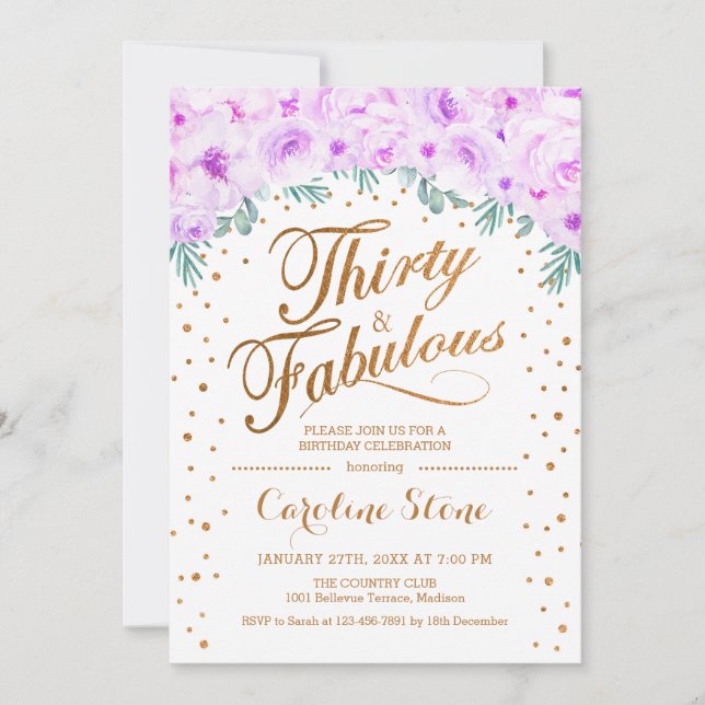Convites 30 Festa de aniversário fabulosa - Dourada púrpura (Frente)
