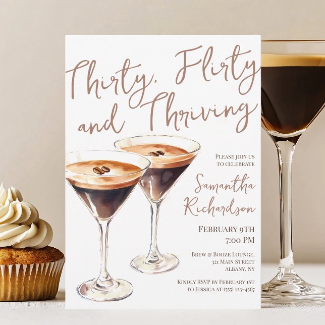 Convites 30 Flirty e aniversário de 30 anos Martini floresc (Thirty Flirty and Thriving Martini 30th Birthday Invitation)
