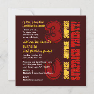 Convites 30 Moderno de Aniversário Vermelho Dourado SURPRE