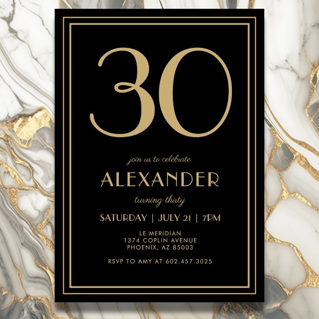 Convites 30th Birthday Black and Gold Modern Minimal Adult (Elegant black and gold 30th birthday invitation design.)