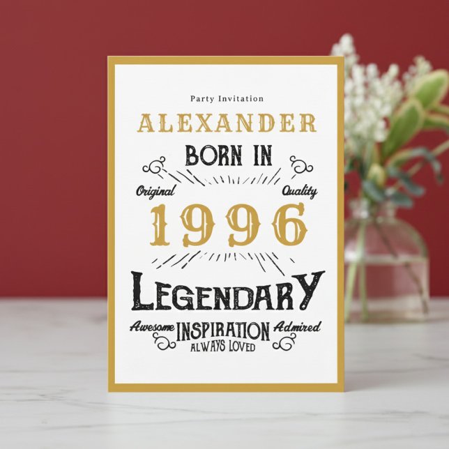 Convites 30th Birthday Born 1996 White Gold Legend (Born 1996 birthday invitation.)