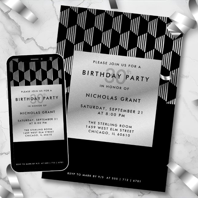 Convites 30th Birthday Modern Black Faux Silver Foil (Criador carregado)