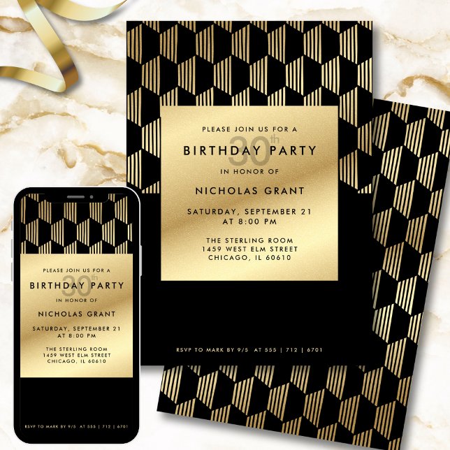 Convites 30th Birthday Party Modern Black and Gold Foil (Criador carregado)