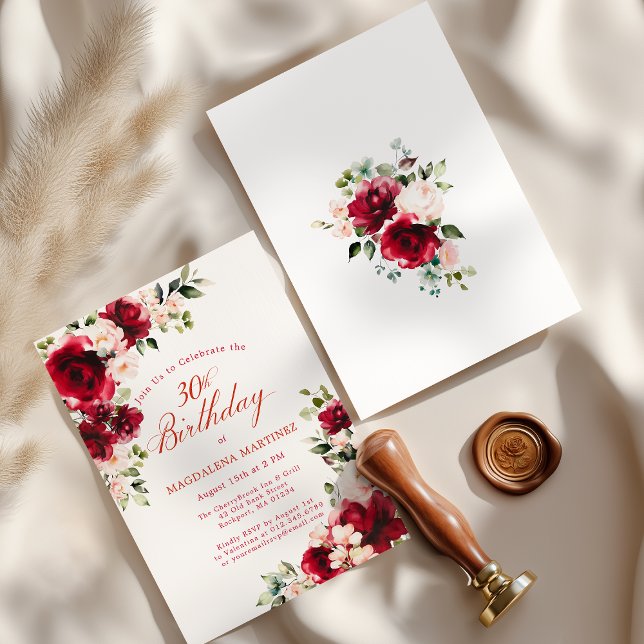 Convites 30th Birthday Red Rose Pink Peony Floral (Criador carregado)