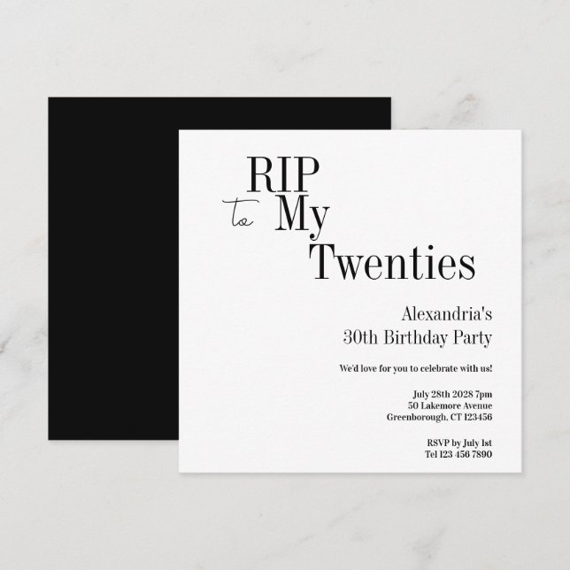 Convites 30th Birthday RIP 20s Black and White Minimal (Frente/Verso)