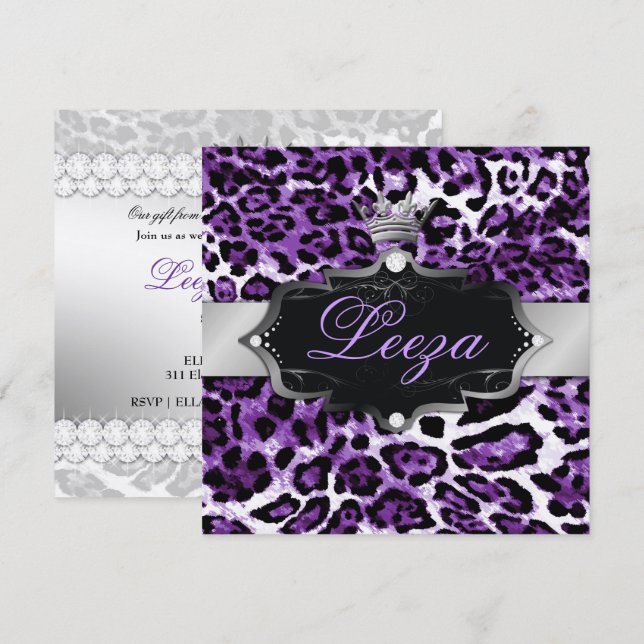 Convites 311-Baroque princesa Roxo Leopardo Metálico (Frente/Verso)