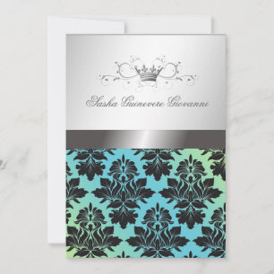 Convites 311-Blackberry Damask Ribbon Turquoise Limão