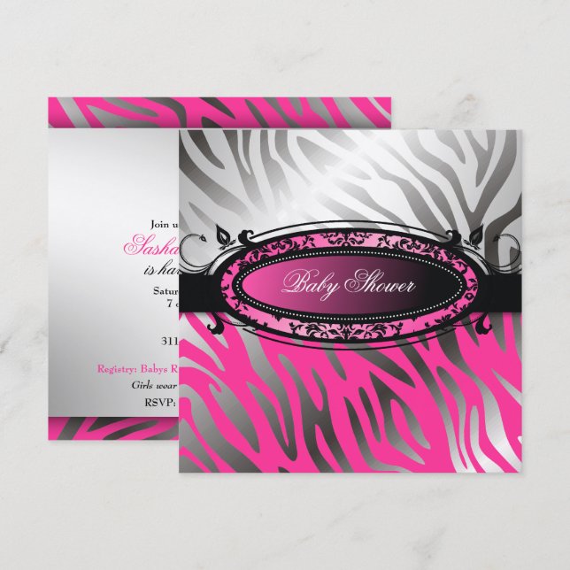 Convites 311-C'est Luxueux| Zebra rosa quente| Bebê (Frente/Verso)
