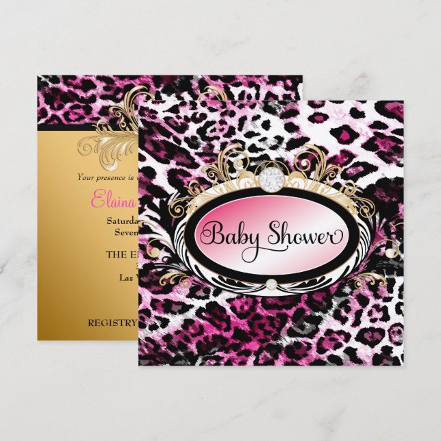 Convites 311 Chá de fraldas-Leopardo-Rosa-Quente Opulente M (Frente/Verso)