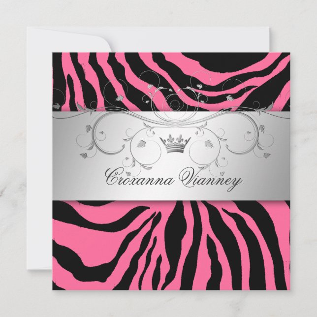 Convites 311-Cinzento Prateado, Zebra Rosa, Quinceanera (Frente)