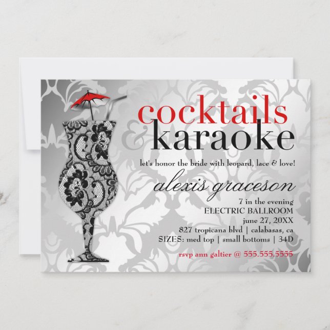 Convites 311 Cocktails e Karaoke Red Damask (Frente)