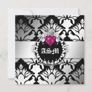 Convites 311-Damask Queen of Hearts Sweet 16 BW
