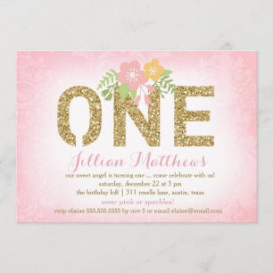 Convites 311 Faux Dourado Glitter 1 Primeiro Aniversário