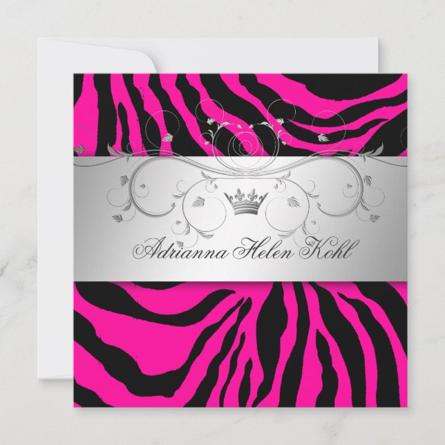 Convites 311-Lingerie de Zebra Rosa Quente-Prateada (Frente)