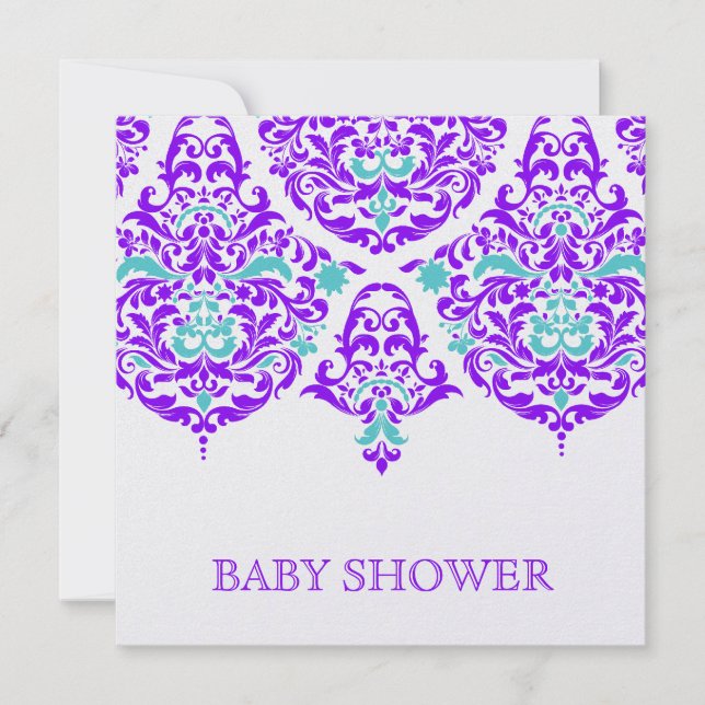 Convites 311 Mon Cherie Damask Plum Chá de fraldas Aqua (Frente)