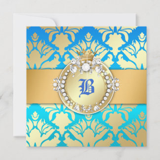 Convites 311-Ouro Blue Damask Shimmer Queen Sweet 16