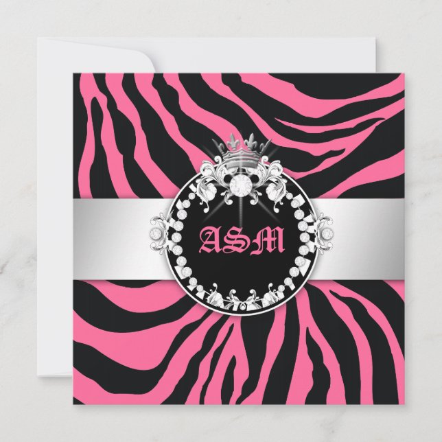 Convites 311-Zebra-Tique Diamantes n' Kisses Sweet 16 Pink (Frente)