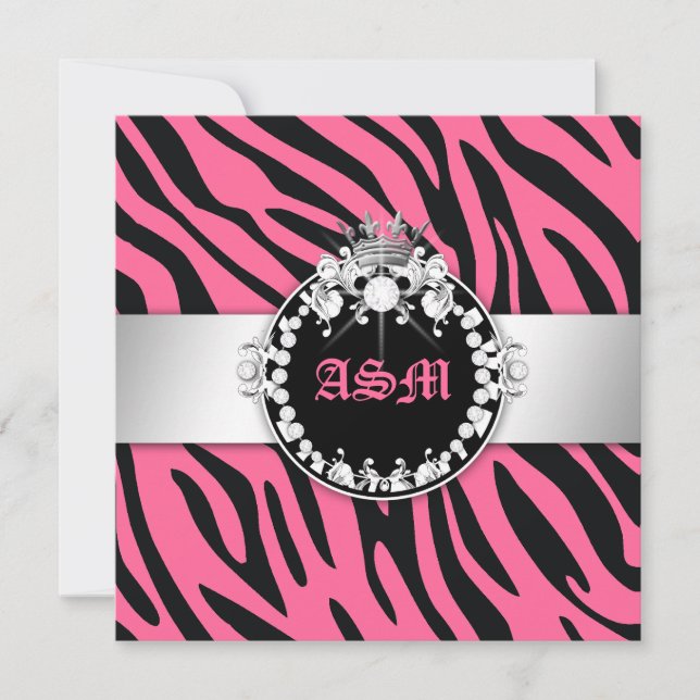 Convites 311-Zebra-Tique Diamantes n' Kisses Sweet 16 Pink  (Frente)