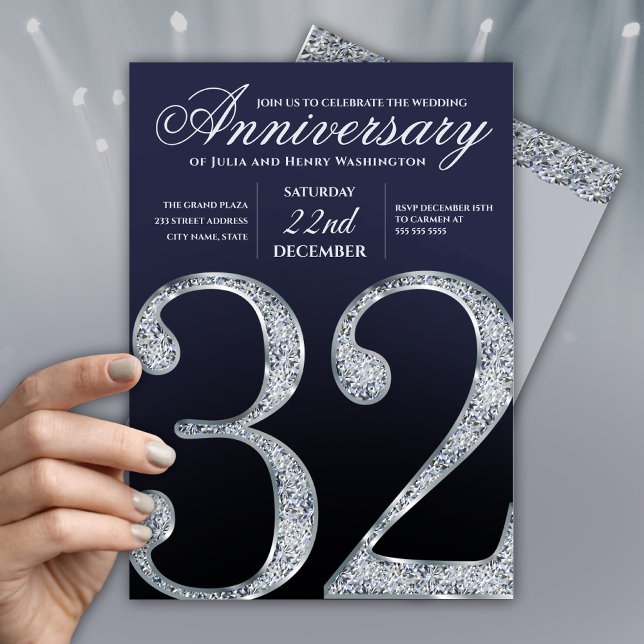 Convites 32º Aniversário Diamante Prata Azul Marinho (Criador carregado)