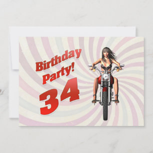 Convites 34ª festa de aniversário com uma garota em uma mot