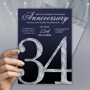 Convites 34º Aniversário Diamante Prata Azul-Marinho
