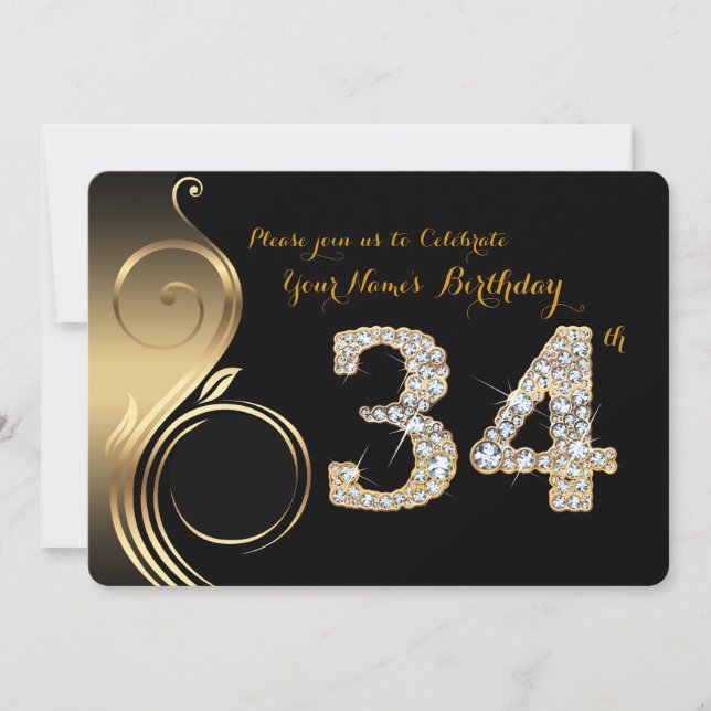 Convites 34º,Convite de aniversário,Diamante de número,Foto (Frente)
