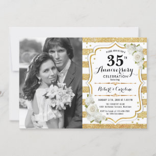 Convites 35º Aniversário com Foto - Dourado Branco
