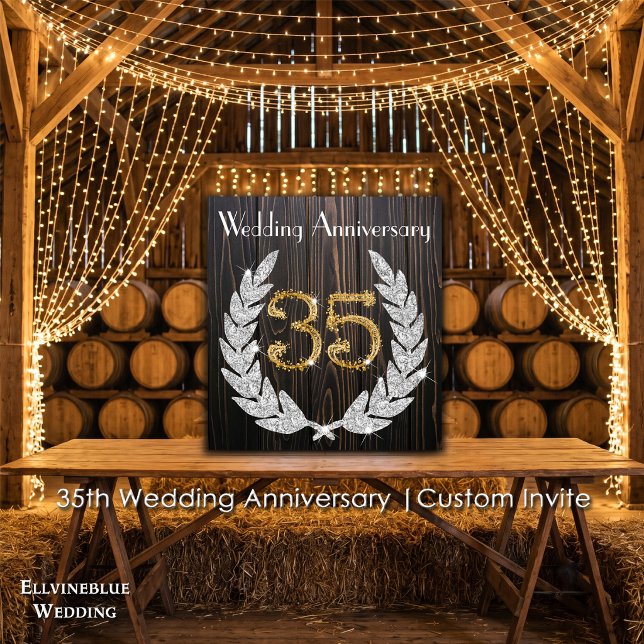 Convites 35º Aniversário de Casamento | Madeira Rústica & D (35th Wedding Anniversary Invite | Rustic Wood & Diamond Laurel. Size: 5.25” x 5.25”)