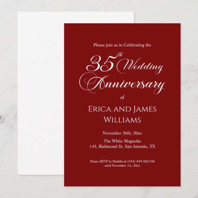 Convites 35.º Escrita Legante de Casamento de Coral (Frente/Verso)