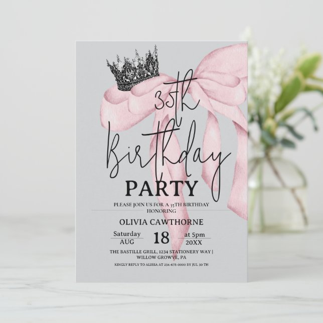 Convites 35th Birthday ⎮ Modern Royal Bow Birthday  (Em pé/Frente)