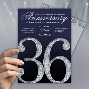 Convites 36º Aniversário Diamante Prata Azul-Marinho