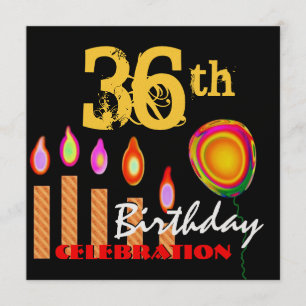 Convites 36º aniversário Douradas velas e balões metálicos