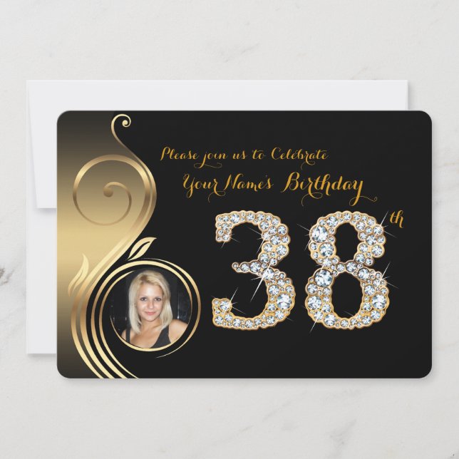 Convites 38º,Convite de aniversário,Diamante de número,Foto (Frente)