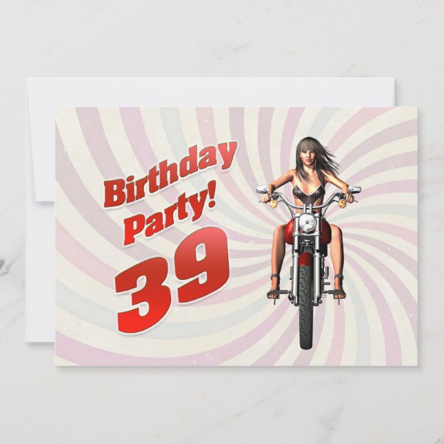Convites 39ª festa de aniversário com uma moça em uma moto (Frente)