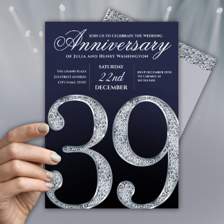 Convites 39º Aniversário Diamante Prata Azul-Marinho