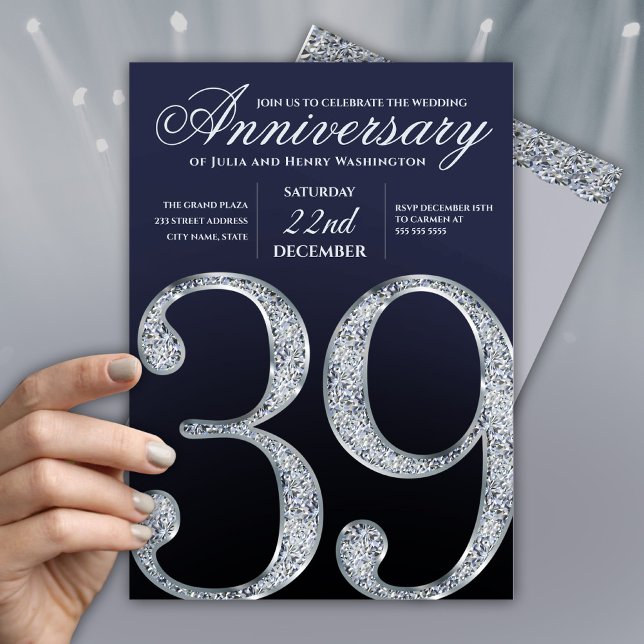 Convites 39th Anniversary Diamond Silver Navy Blue (Criador carregado)