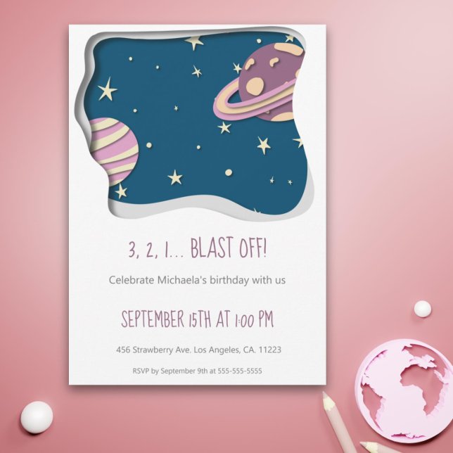 Convites 3 2 1 Explosão da Galáxia Menina do Tema Primeiro  (Blast off pink and purple galaxy space girl first birthday invitation)