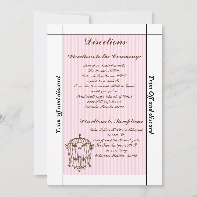 Convites 3.5 x 7 Direções Birdcage/Pink Strip (Frente)