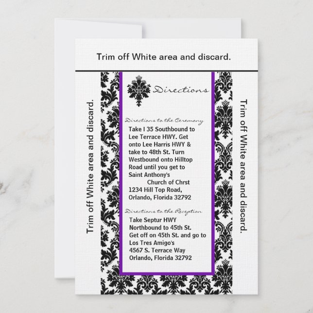 Convites 3,5x6 Directions Card Black Purp Damask (Damasco d (Frente)