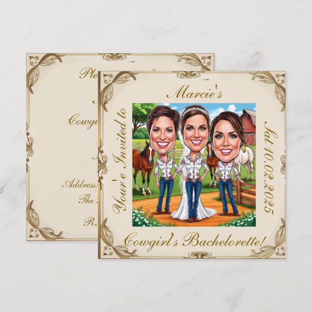 Convites 3 Caricaturas de Bridal da Cowgirl na fazenda (Frente/Verso)