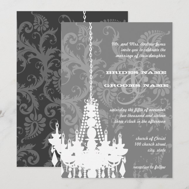 Convites 3 Casamento tema damasco Silver & Cinza Chandelier (Frente/Verso)