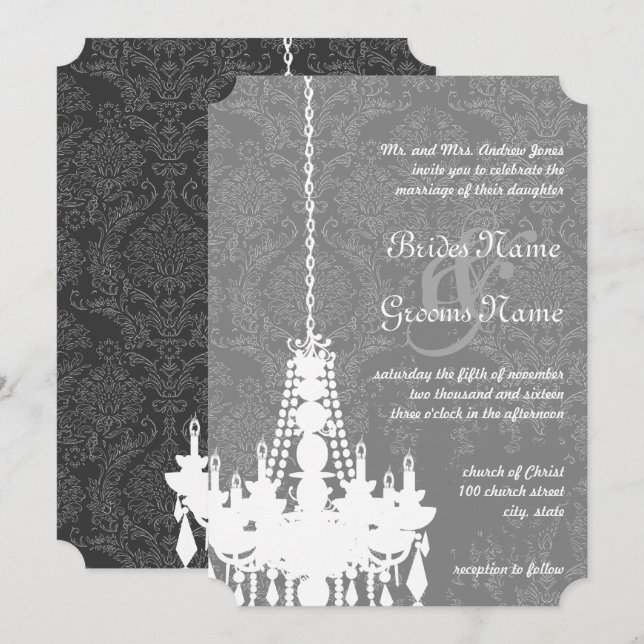 Convites 3 Casamento tema damasco Silver & Cinza Chandelier (Frente/Verso)