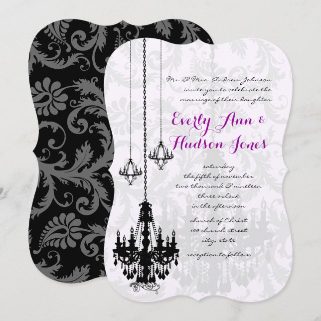 Convites 3 Casamentos tema damasco Sombra de Chandeliers Pr (Frente/Verso)