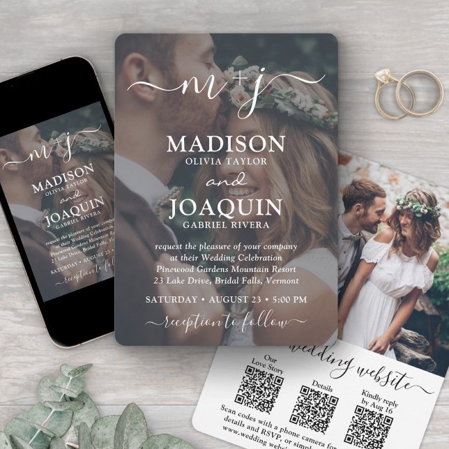 Convites 3 Códigos QR Tudo em Um Foto Monogramada Casamento (Criador carregado)