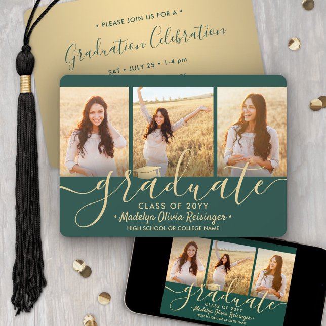 Convites 3 Colagem de Fotografias Script Dourada Festa de f (Criador carregado)