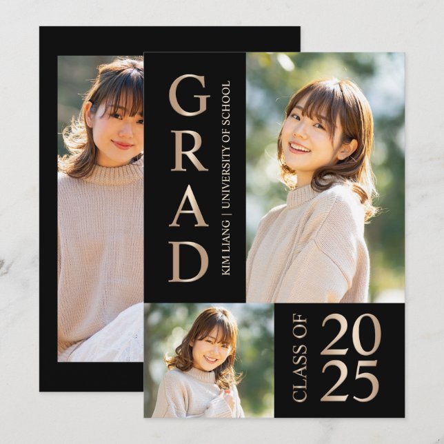 Convites 3 Festa de formatura Preta e bege de Colagem de Fo (Frente/Verso)