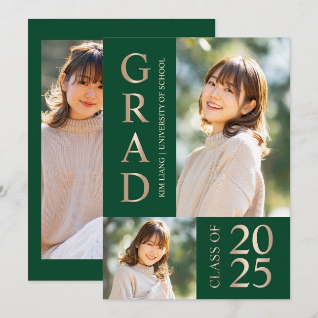 Convites 3 Festa de formatura verde e bege de colagem de fo (Frente/Verso)